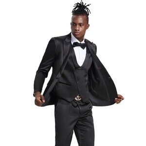Men's One Button Vested Shiny Satin Sharkskin Prom & Wedding Party Suit In Black
